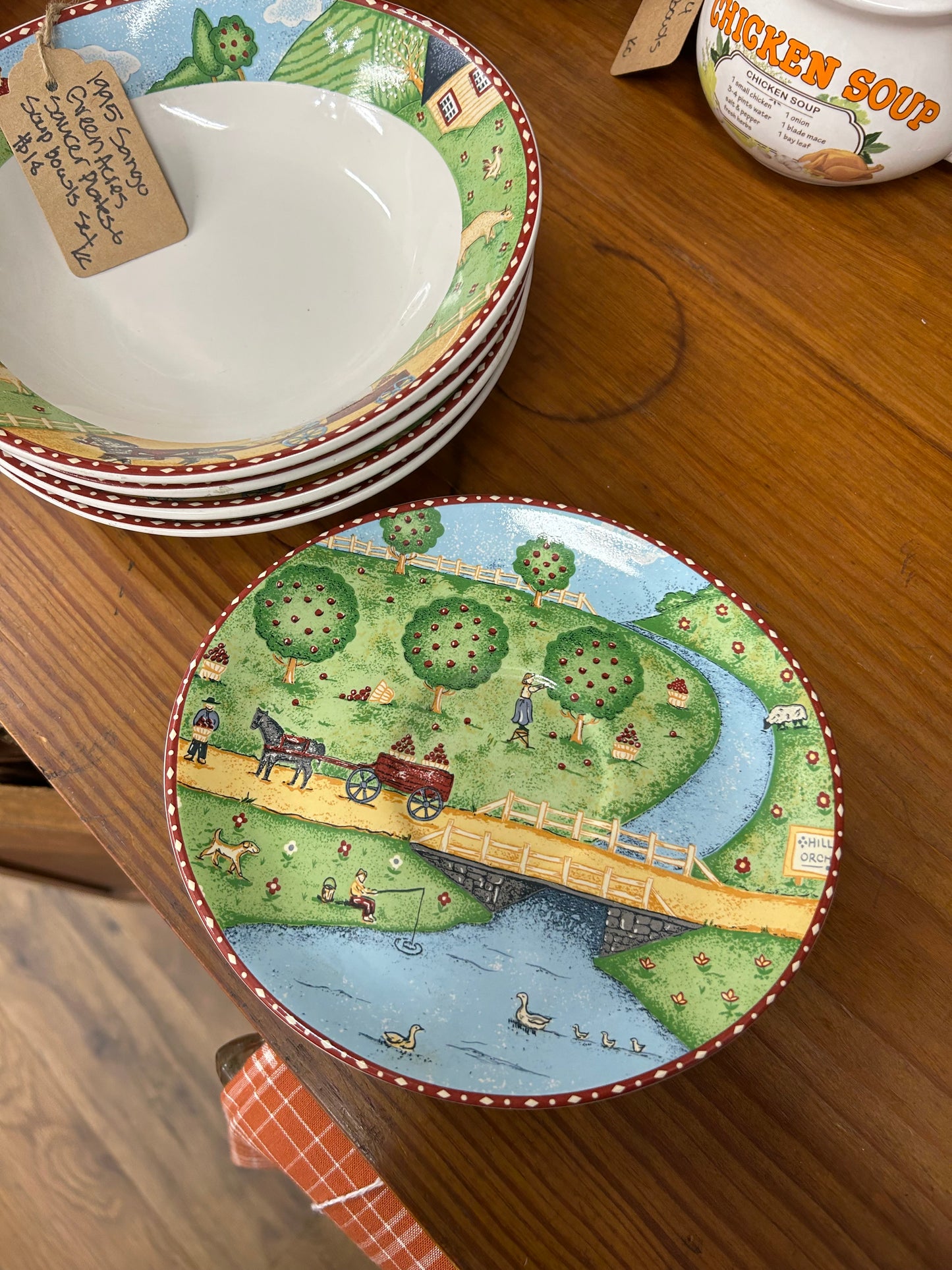 1995 Sango Green Acres Saucer Plates & Soup Bowls Set - 4 saucers & 4 bowls