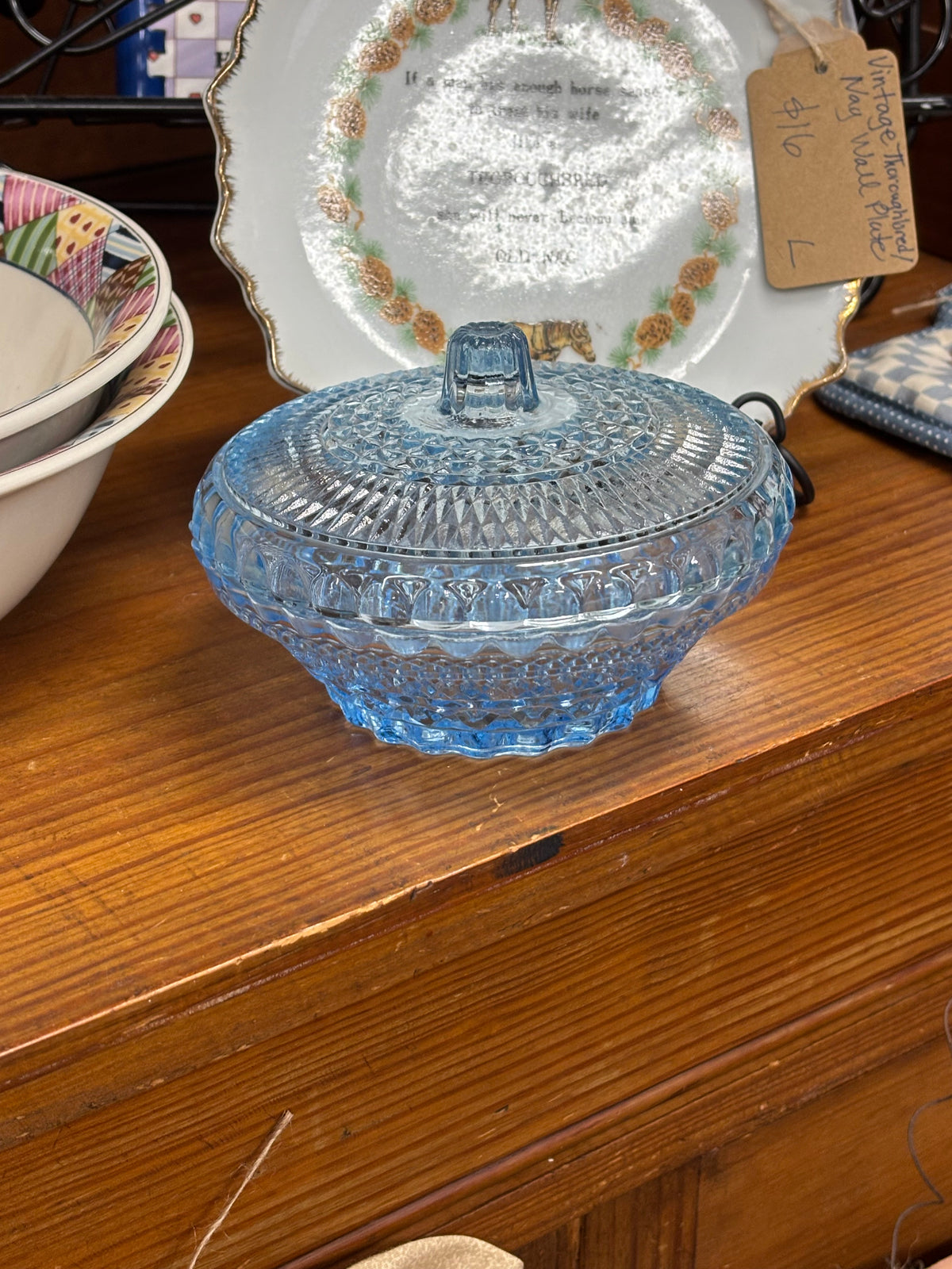 Indiana Glass “Ice Blue” Starburst Button & Cane Candy Dish
