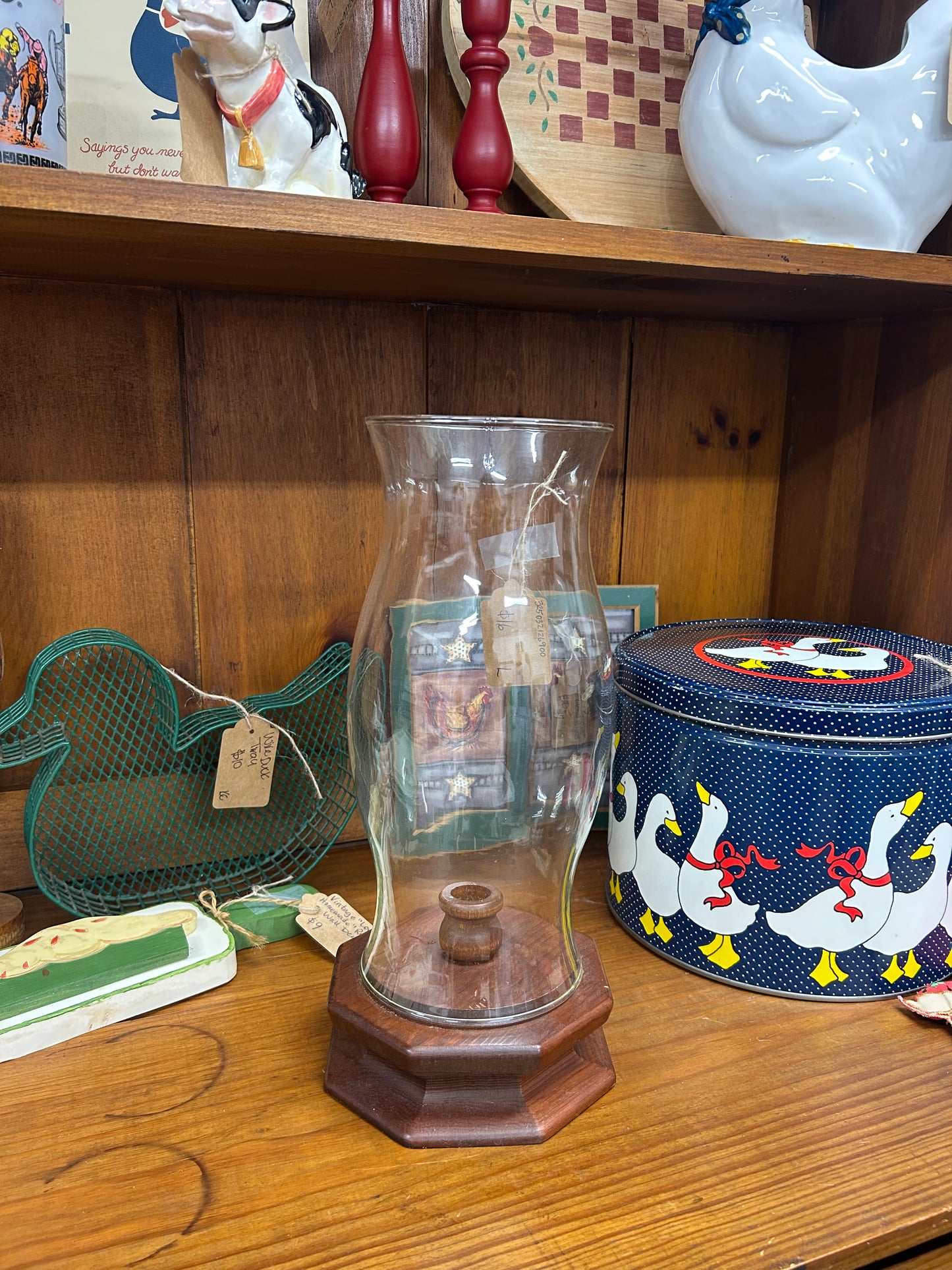 Vintage Wooden Candle Holder With Large Hurricane Glass Shade