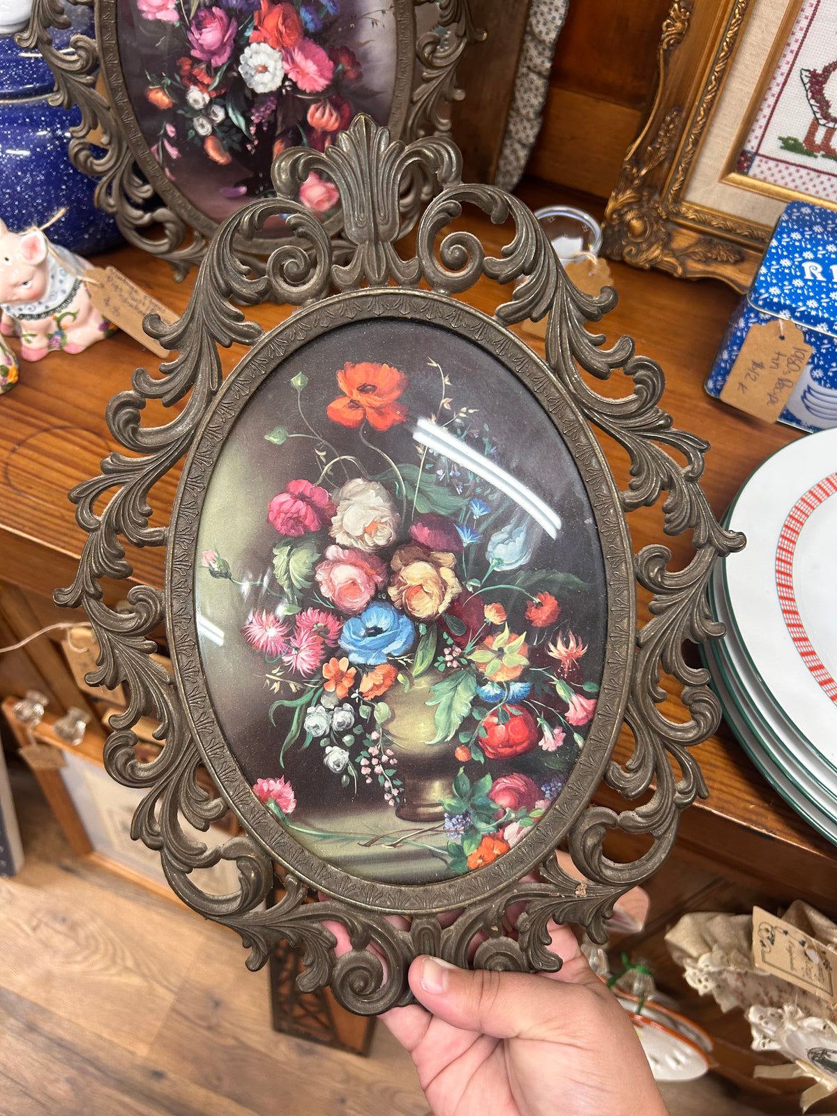 Vintage Pair Of Floral Prints In Brass Frames