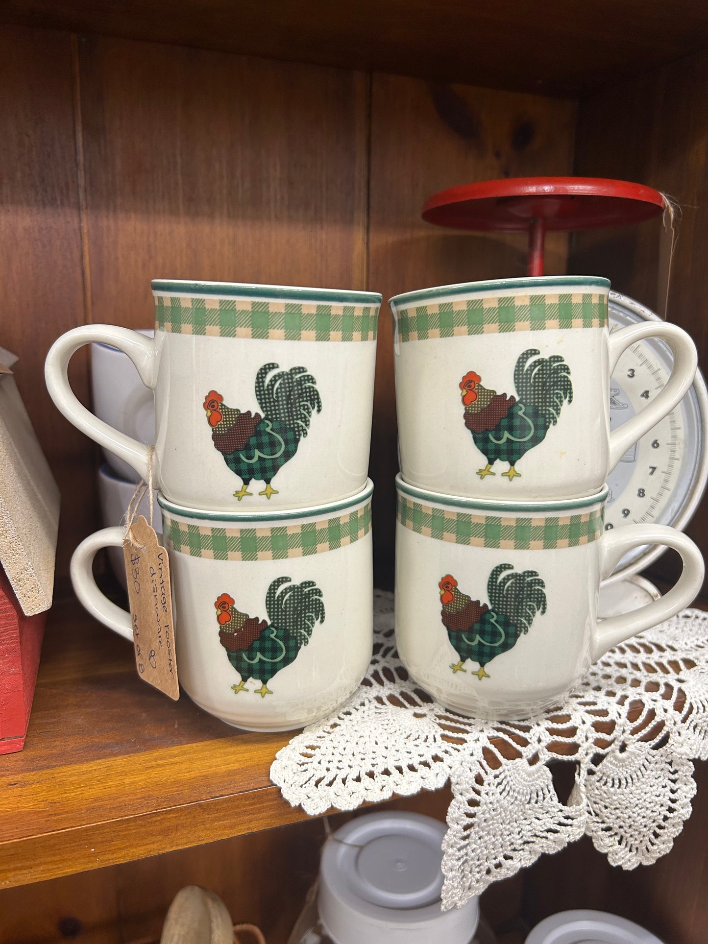 Vintage Rooster Dishware - Set Of 4 Dinner Plates & Set Of 4 Cups
