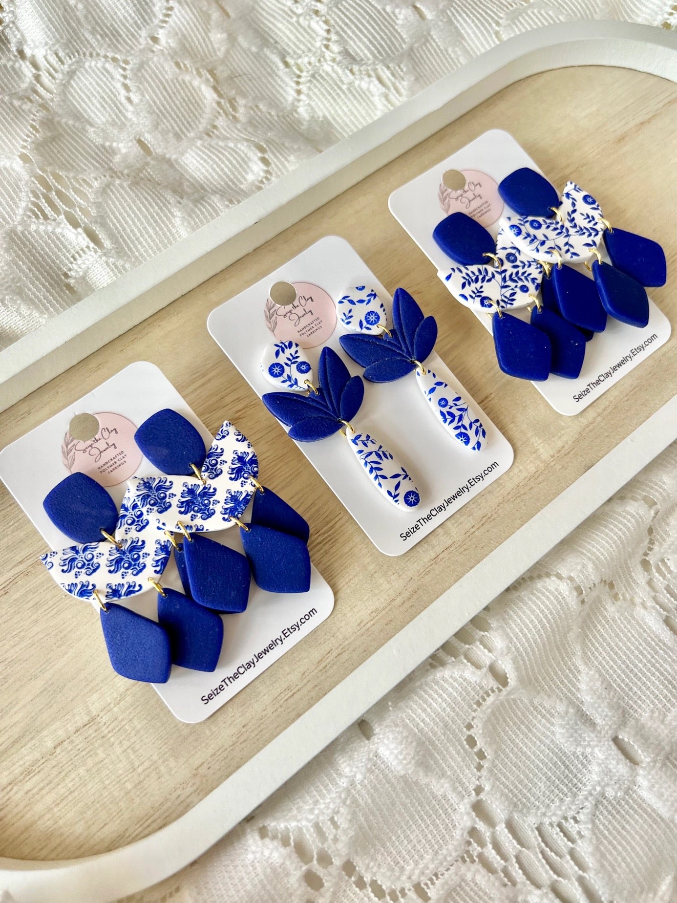 Clay Blue/White Floral Earrings