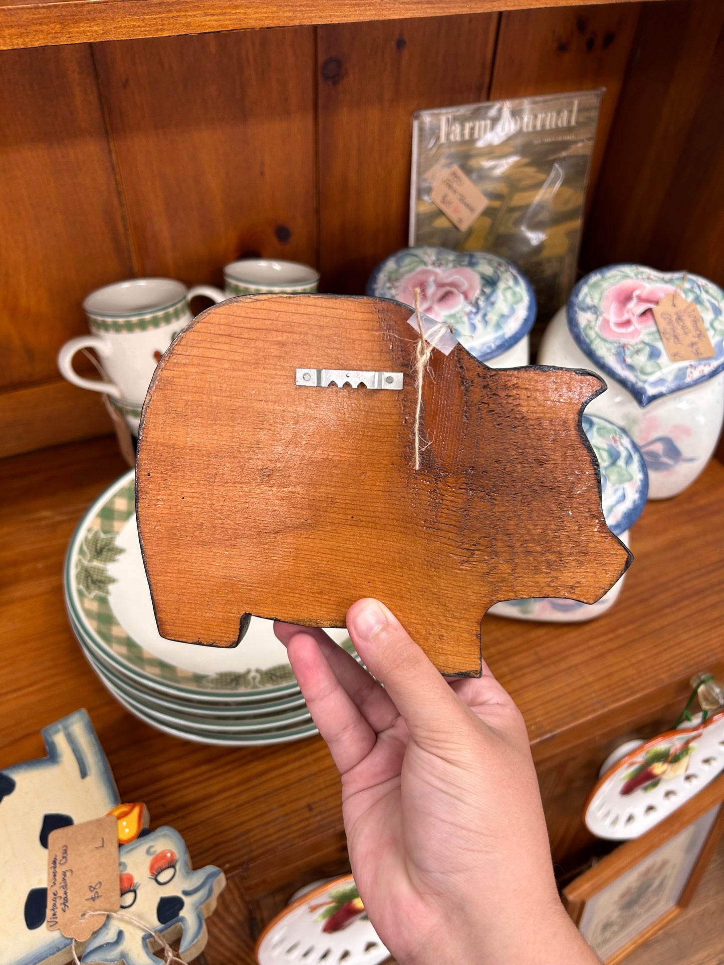 Vintage Wooden Pig Wall Holder With Pegs