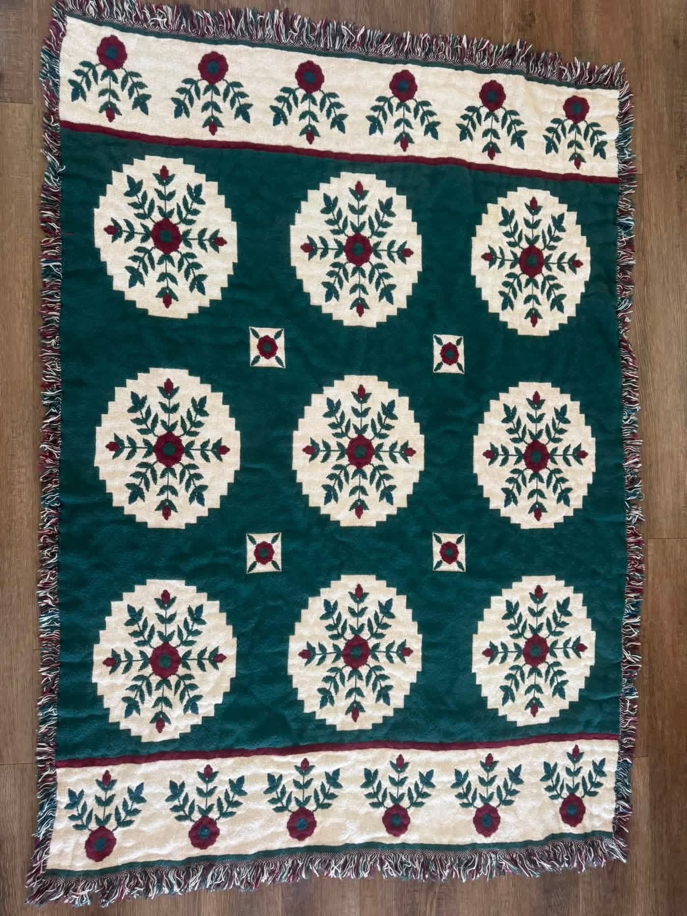 Vintage Green Floral Fringe Throw - 46” x 66”