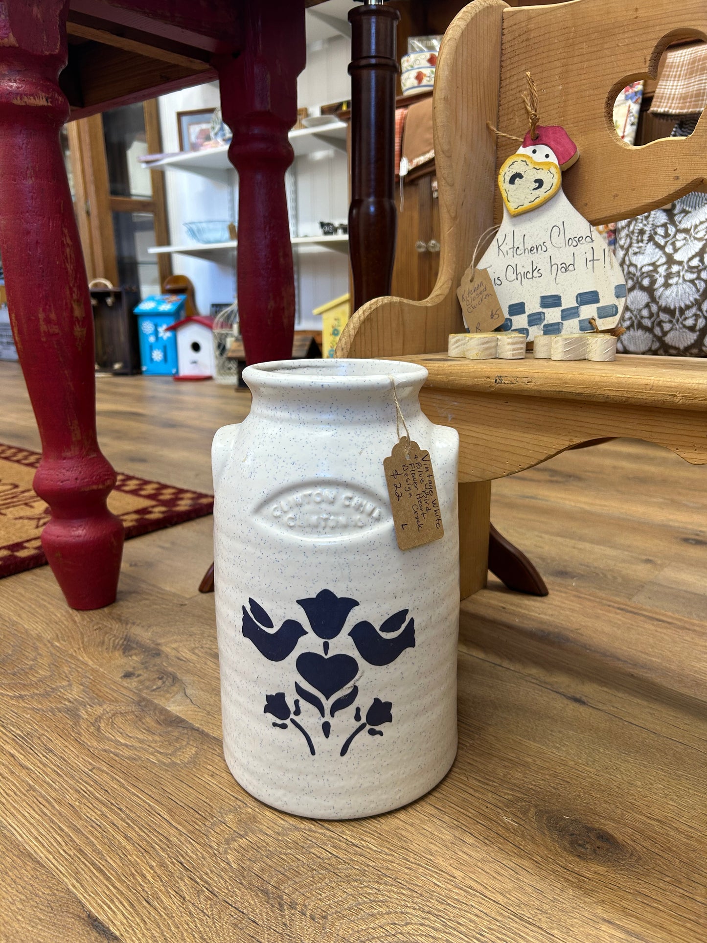 Vintage White + Blue Bird Flower Heart Design Crock - Local Pickup Only