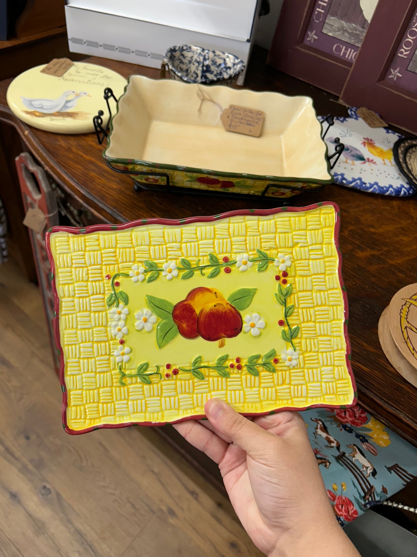 Floral Apple Rectangle Temptations Dish With Trivet & Holder