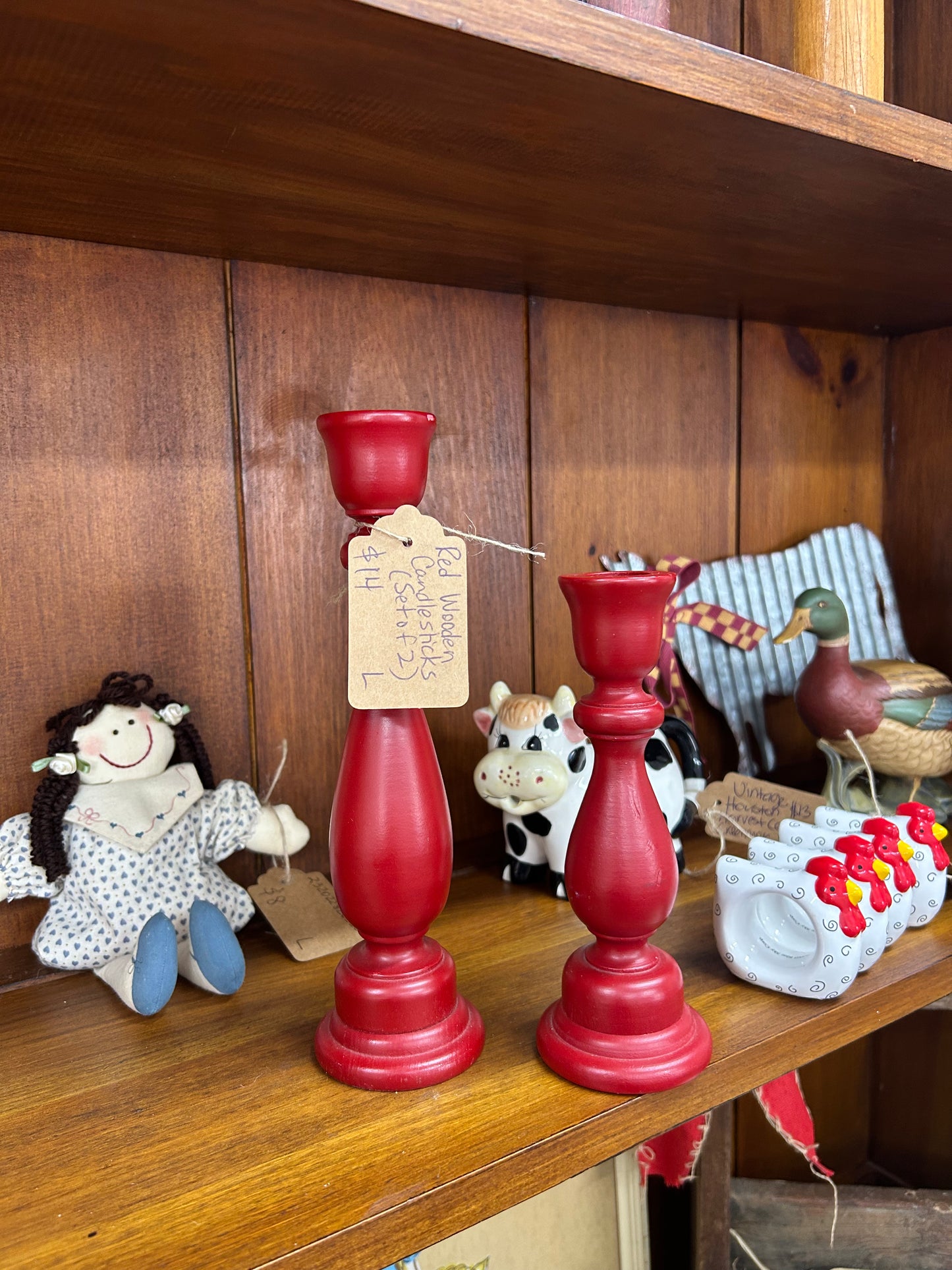 Red Wooden Candlesticks (Set Of 2)