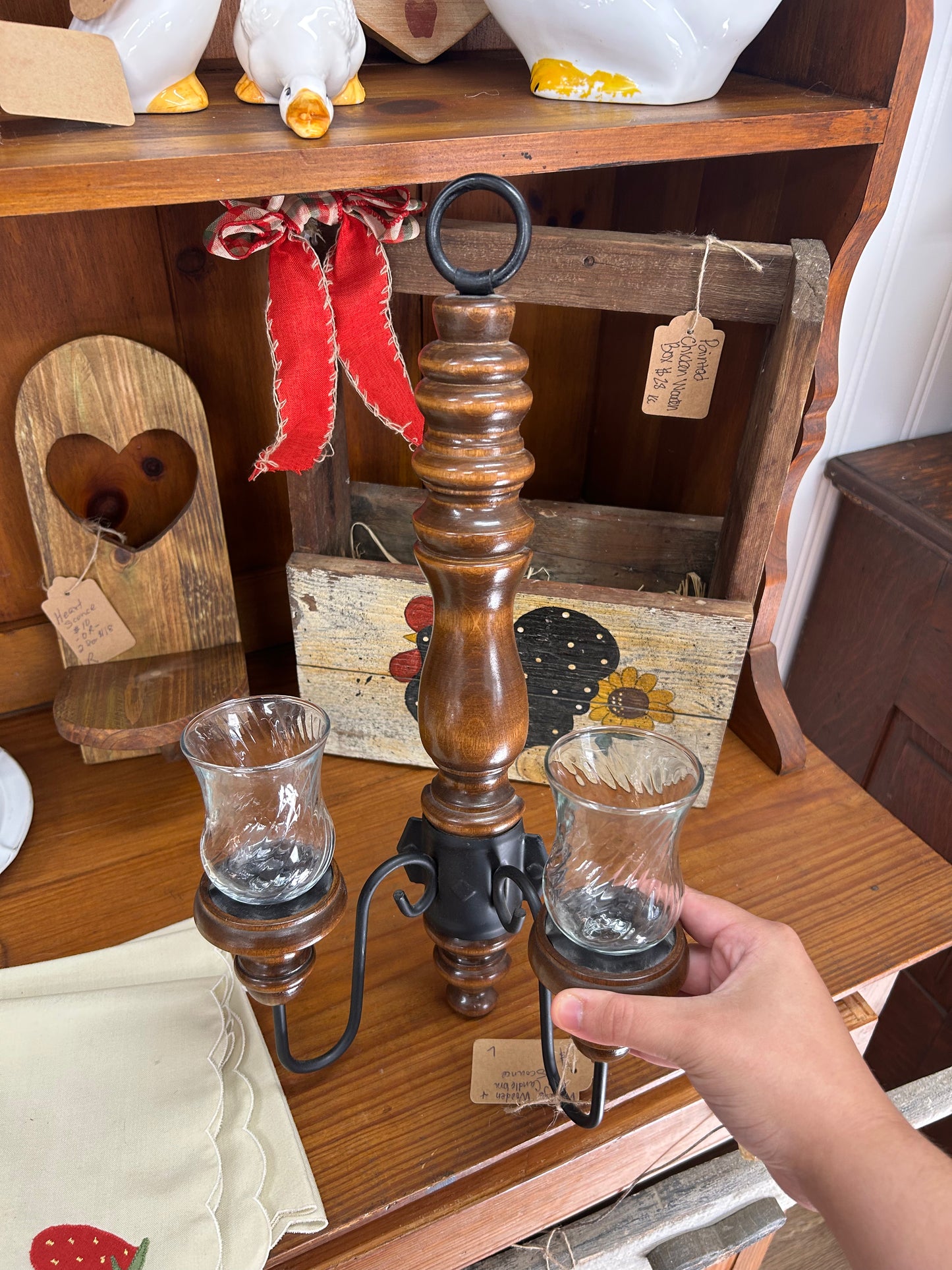 Vintage Wooden Iron Candelabra Sconce - Glass Style 2