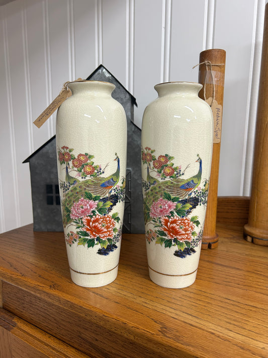 Vintage Japanese Peacock Vases - Set Of 2
