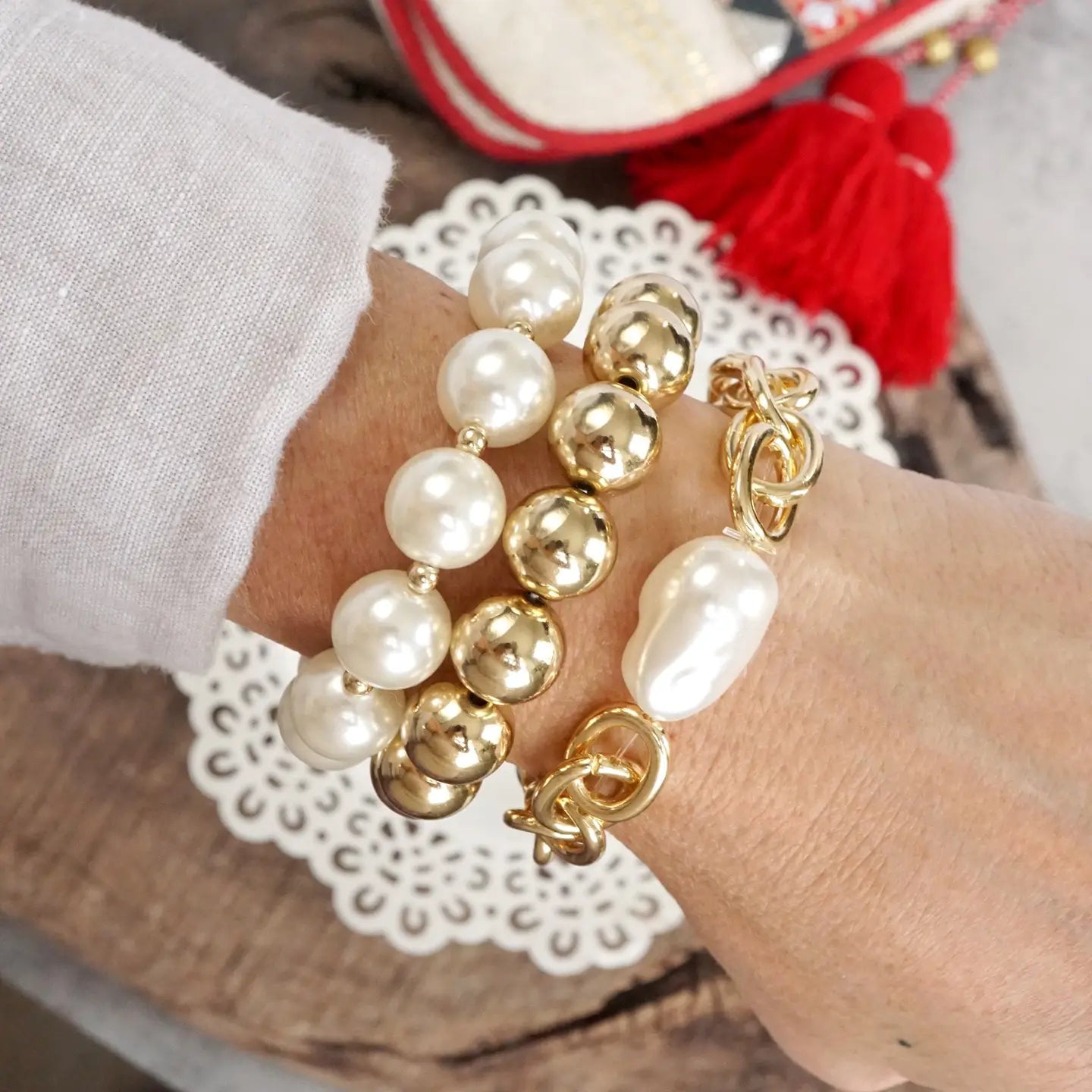 Chunky Pearl & Gold Bracelet Set