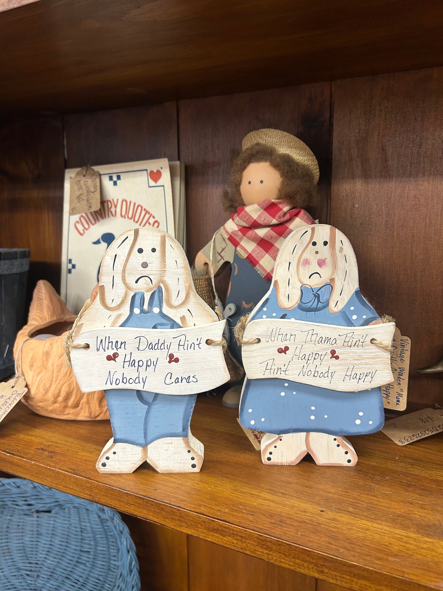 Vintage “Mama & Daddy Ain’t Happy” Wooden Rabbits - Set Of 2