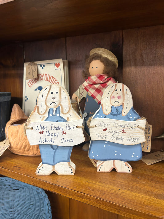 Vintage “Mama & Daddy Ain’t Happy” Wooden Rabbits - Set Of 2