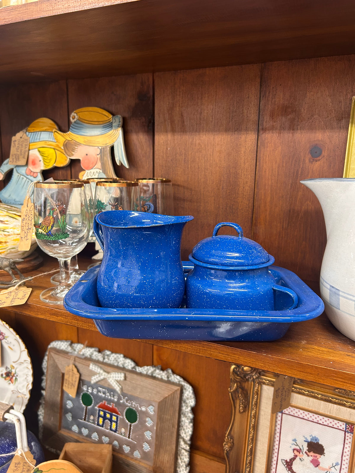Vintage Blue Speckled Enamelware Sugar & Creamer Set With Tray (3 Pieces)