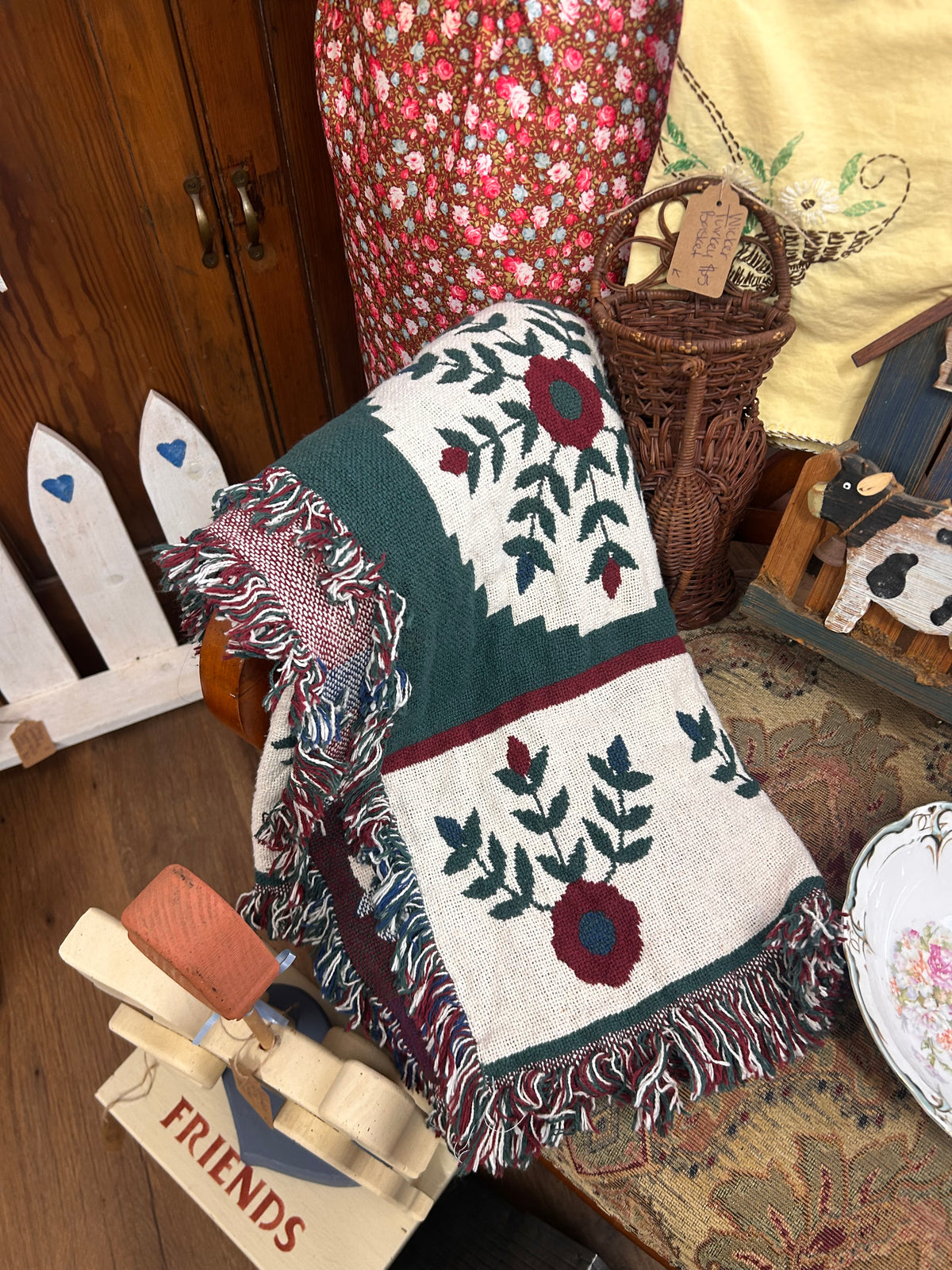 Vintage Green Floral Fringe Throw - 46” x 66”