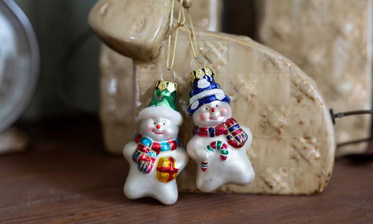 Vintage Glass Snowmen Ornaments - Set Of Two