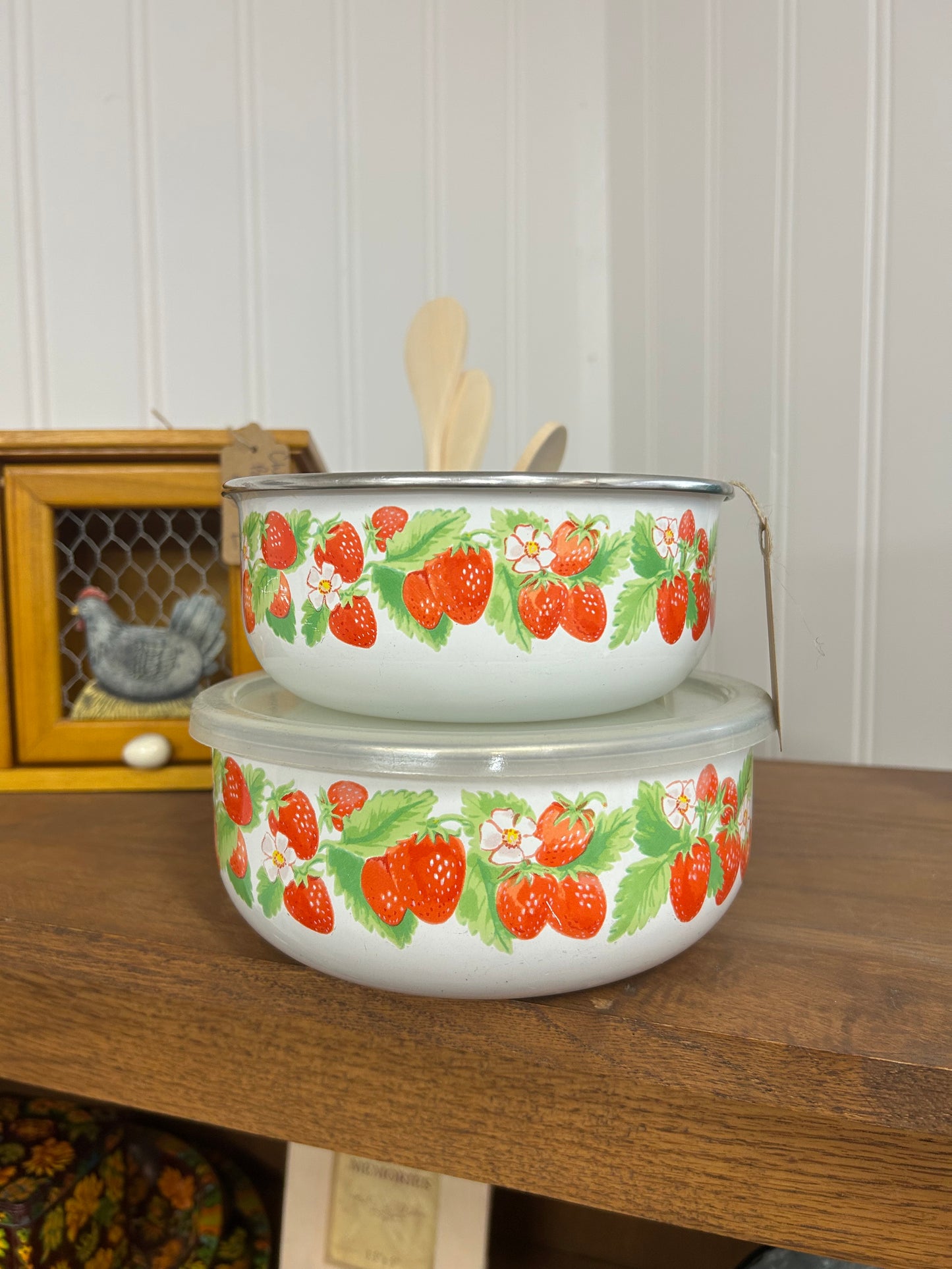 Vintage 1970s-1980s Kobe Kitchen Enamel Strawberry Nesting Bowls - Smaller One Has No Lid