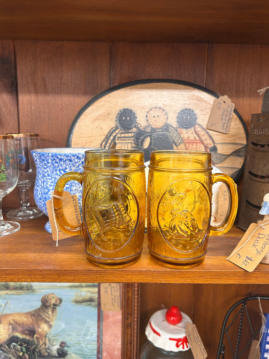 Vintage Anchor Hocking Amber Glass Bicentennial Beer Mugs - Set Of 2 - Betsy Ross & First American Flag