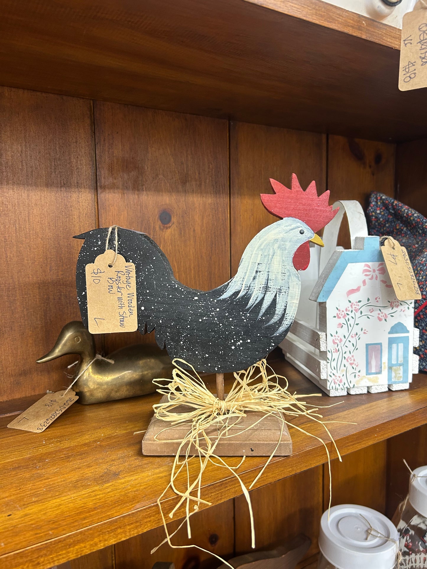 Vintage Wooden Chicken With Straw Bow