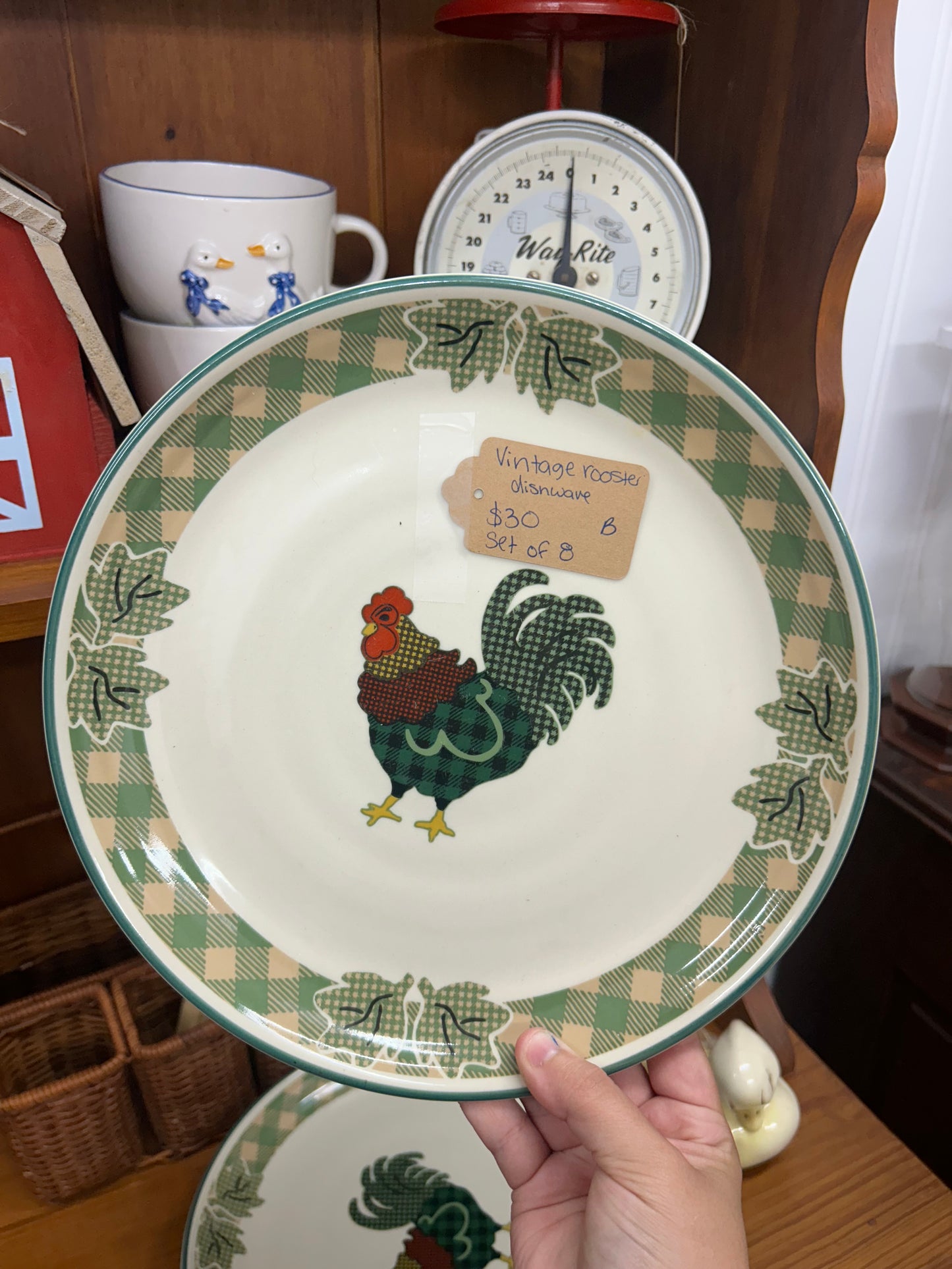 Vintage Rooster Dishware - Set Of 4 Dinner Plates & Set Of 4 Cups