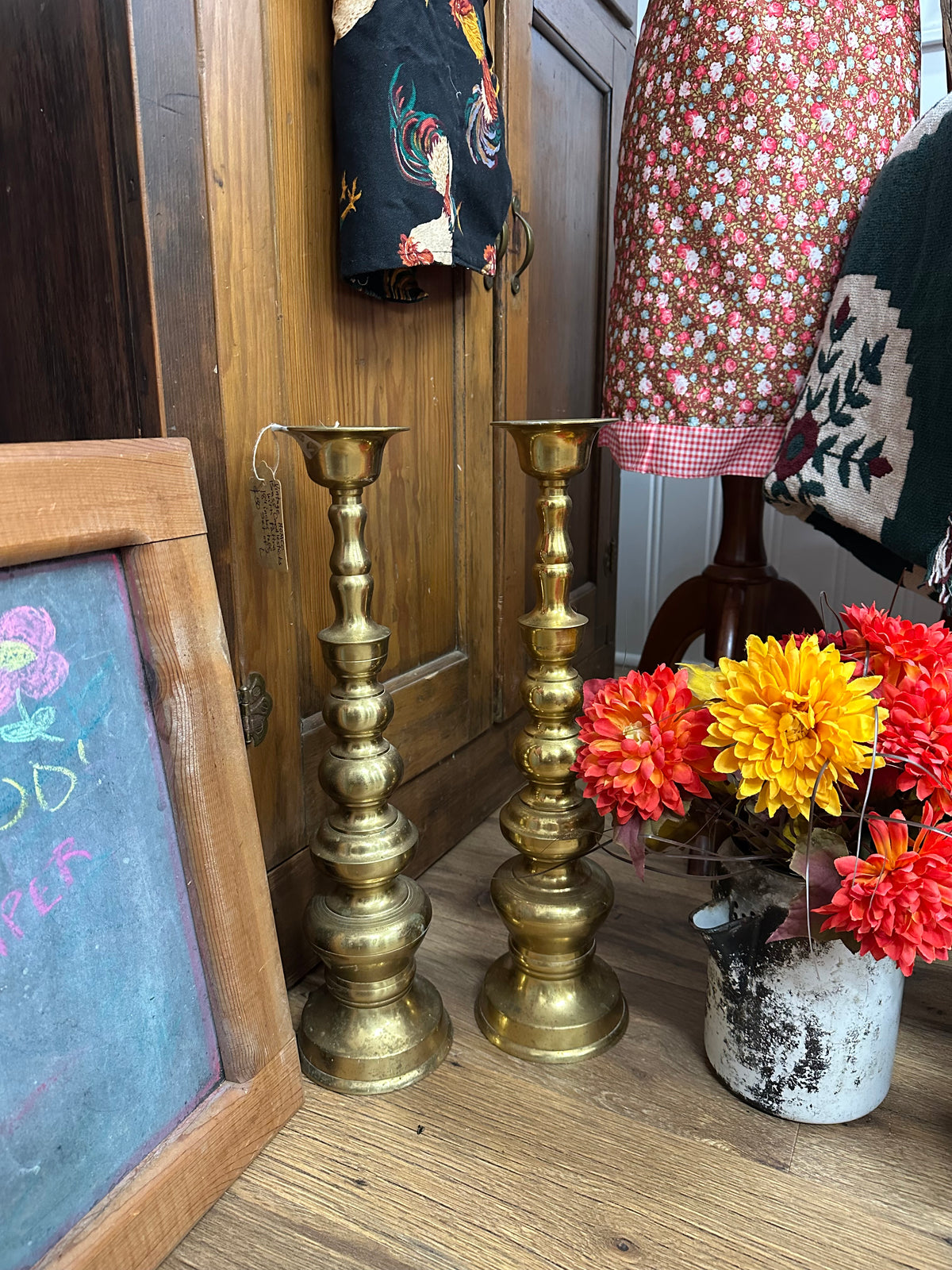 Vintage HOMCO Brass Candlesticks W/ Patina Set - 18” Tall - Local Pickup Only