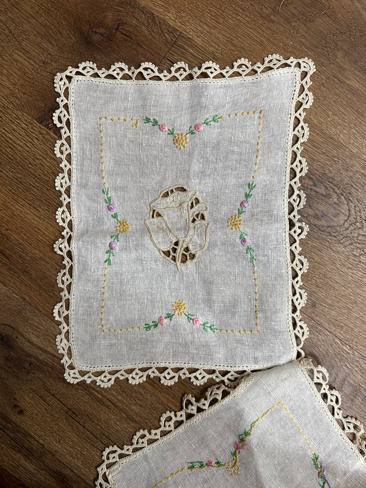 Vintage Hand Embroidered Linen Doilies - Set Of 2