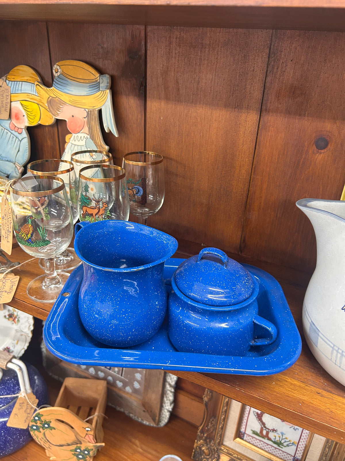 Vintage Blue Speckled Enamelware Sugar & Creamer Set With Tray (3 Pieces)