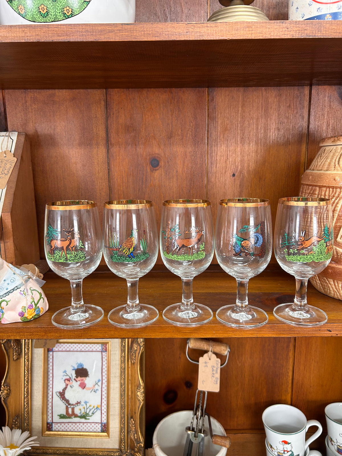 Vintage Hunting Themed Stem Glasses - Set Of 5