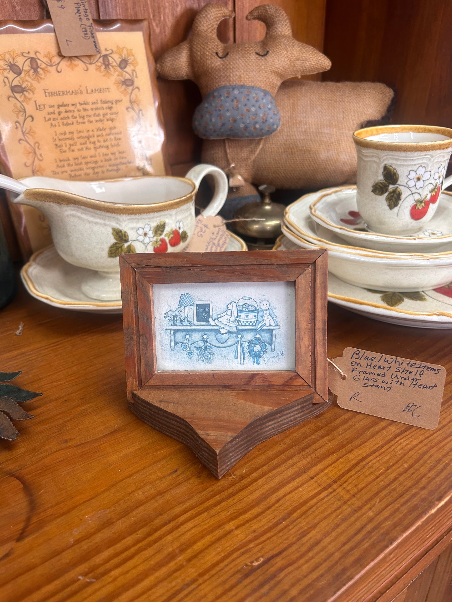 Blue/White Items On Heart Shelf Wooden Frame With Heart Stand