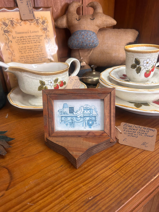 Blue/White Items On Heart Shelf Wooden Frame With Heart Stand