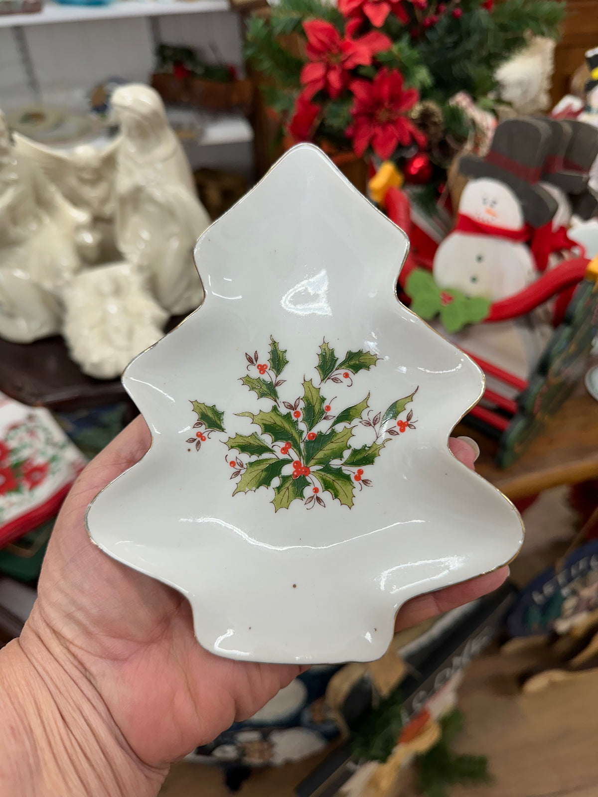 Vintage Christmas Tree Candy Dish W/ Gold Trim