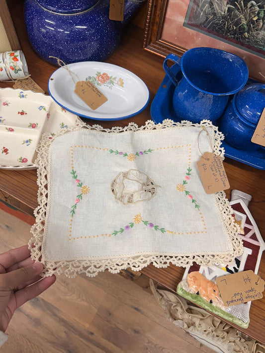 Vintage Hand Embroidered Linen Doilies - Set Of 2