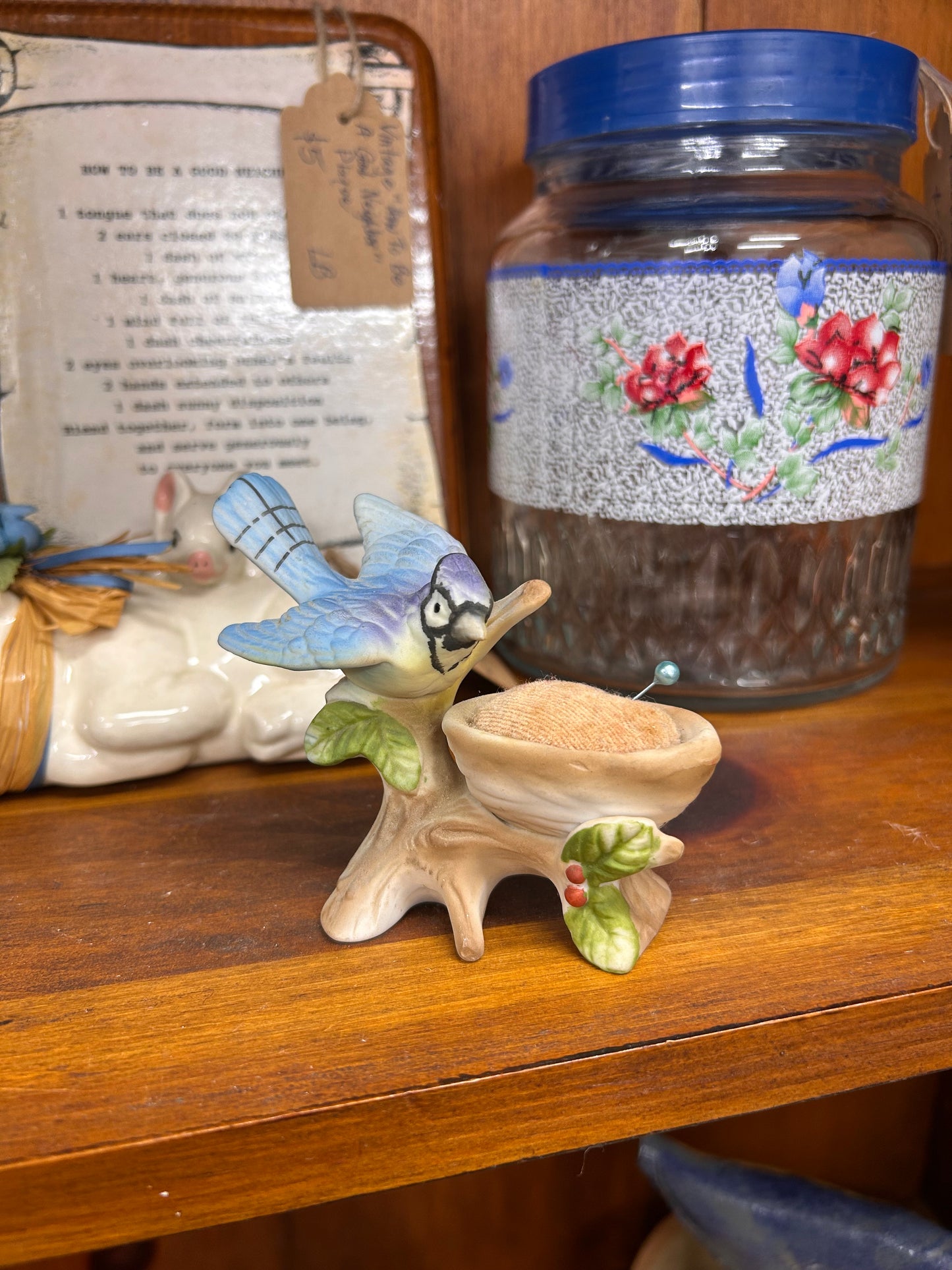 Vintage Porcelain Blue Jay With Pin Cushion Nest