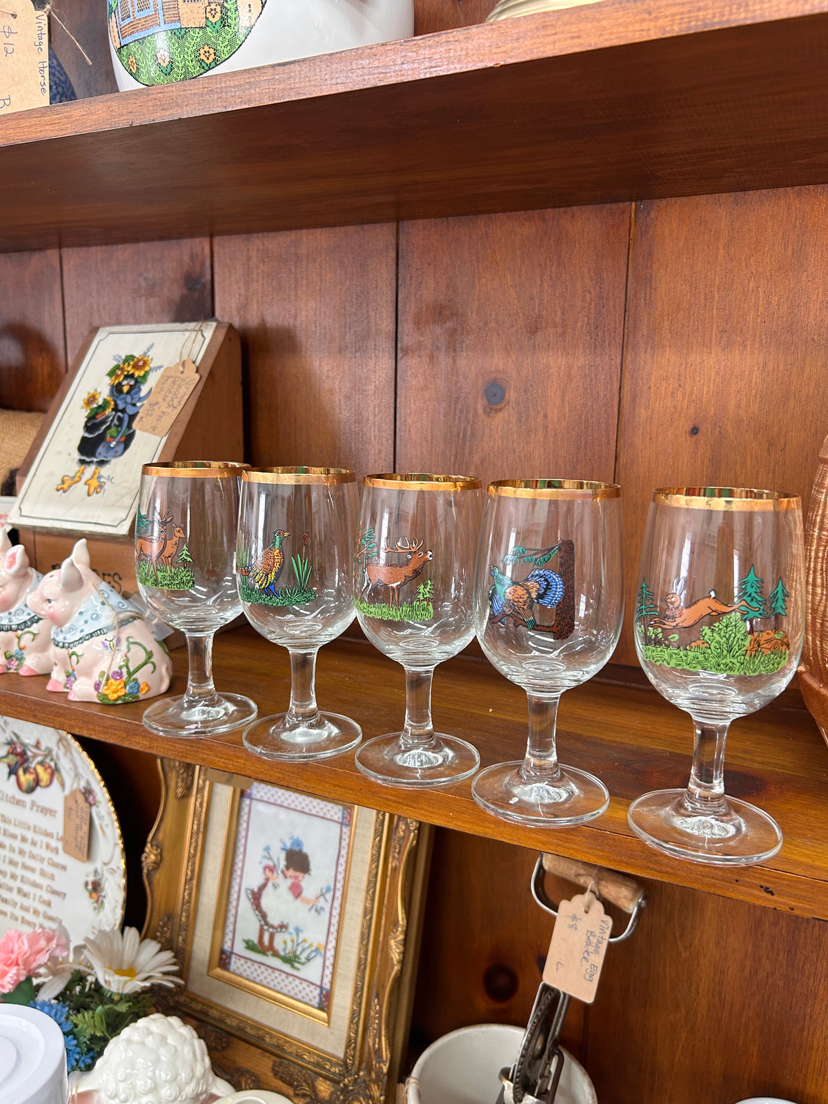 Vintage Hunting Themed Stem Glasses - Set Of 5