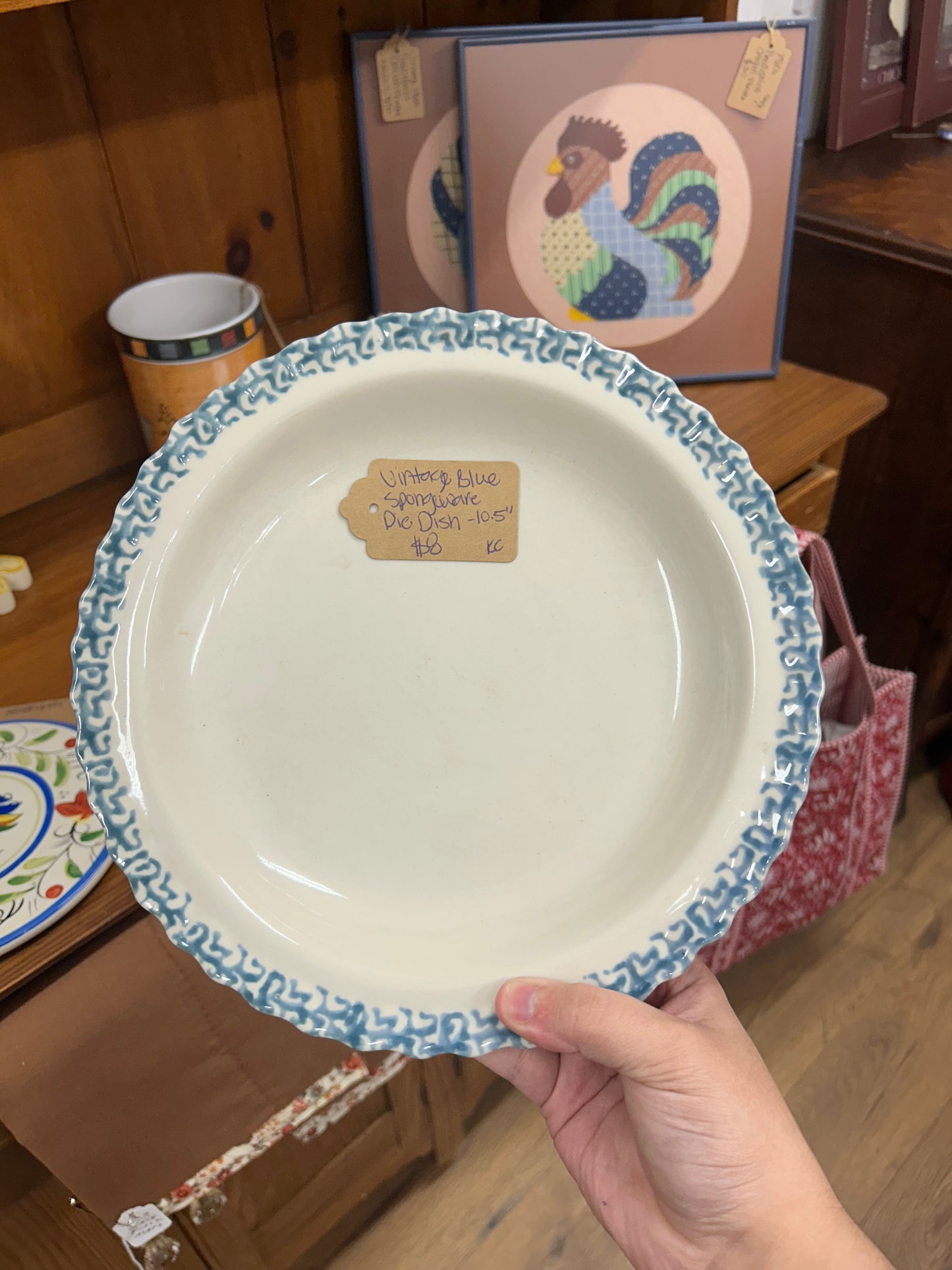 Vintage Blue Sponge Ware Pie Dish - 10.5" Across