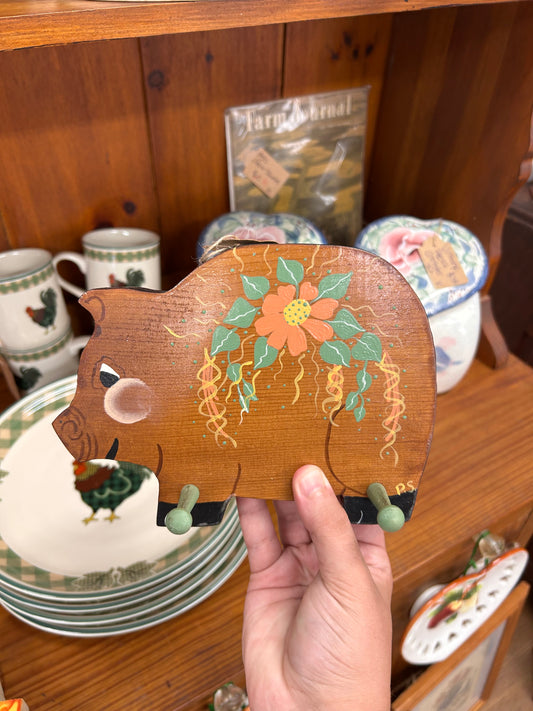 Vintage Wooden Pig Wall Holder With Pegs