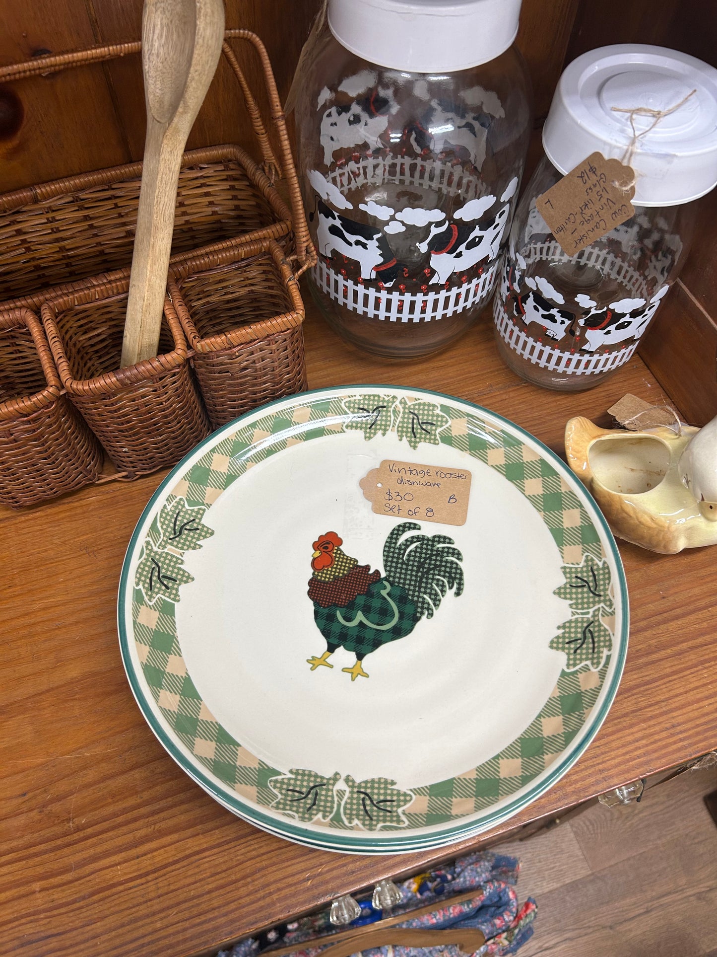 Vintage Rooster Dishware - Set Of 4 Dinner Plates & Set Of 4 Cups