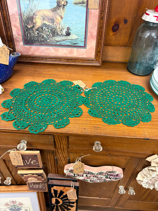 Vintage Hunter Green Doilies - Set Of 2