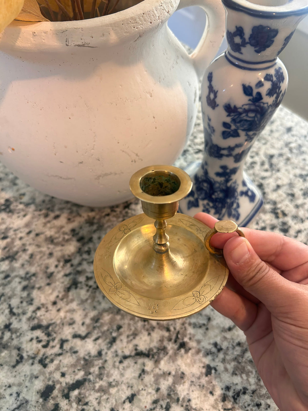 Vintage Etched Brass Candlestick Holder