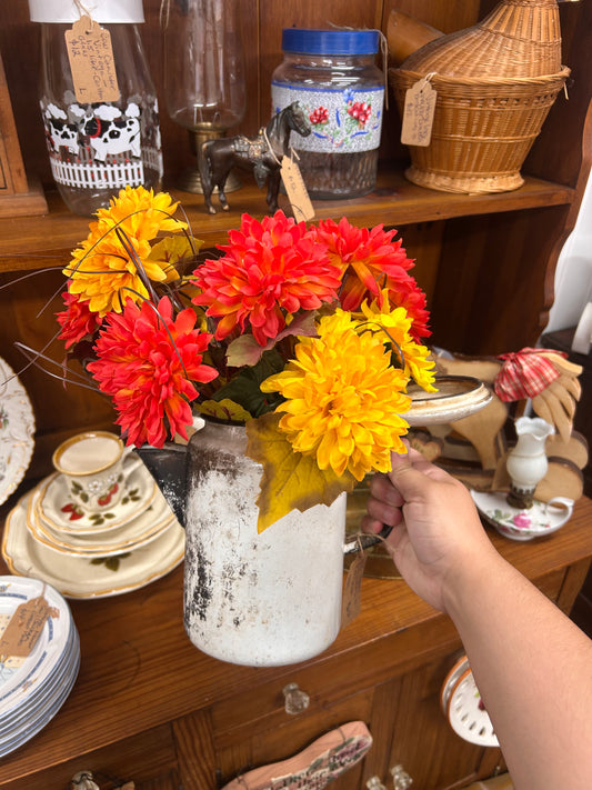 Vintage Tin Pitcher With Silk Flowers