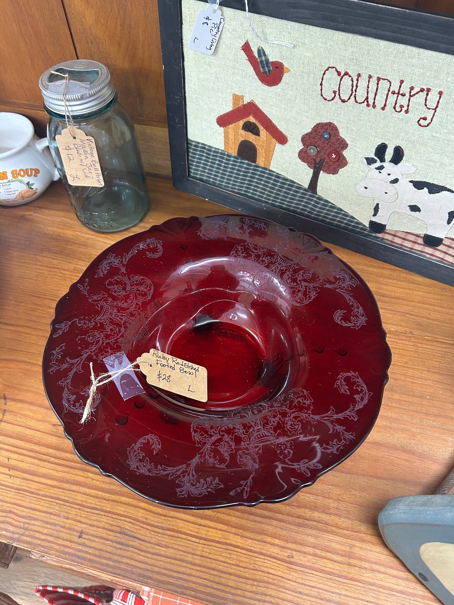 Ruby Red Etched Footed Bowl