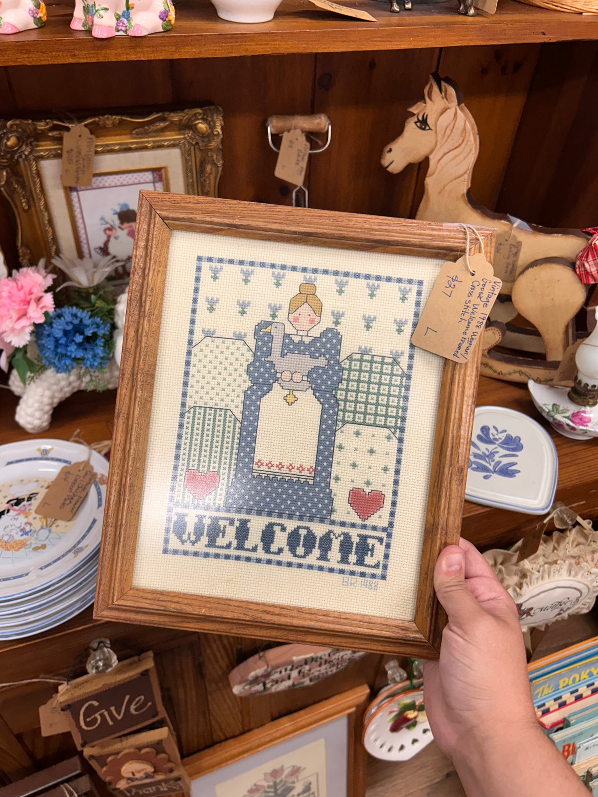 Vintage 1988 Woman/Goose Welcome Framed Crossstitch