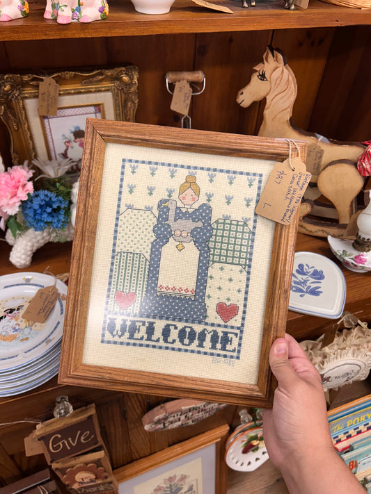 Vintage 1988 Woman/Goose Welcome Framed Crossstitch