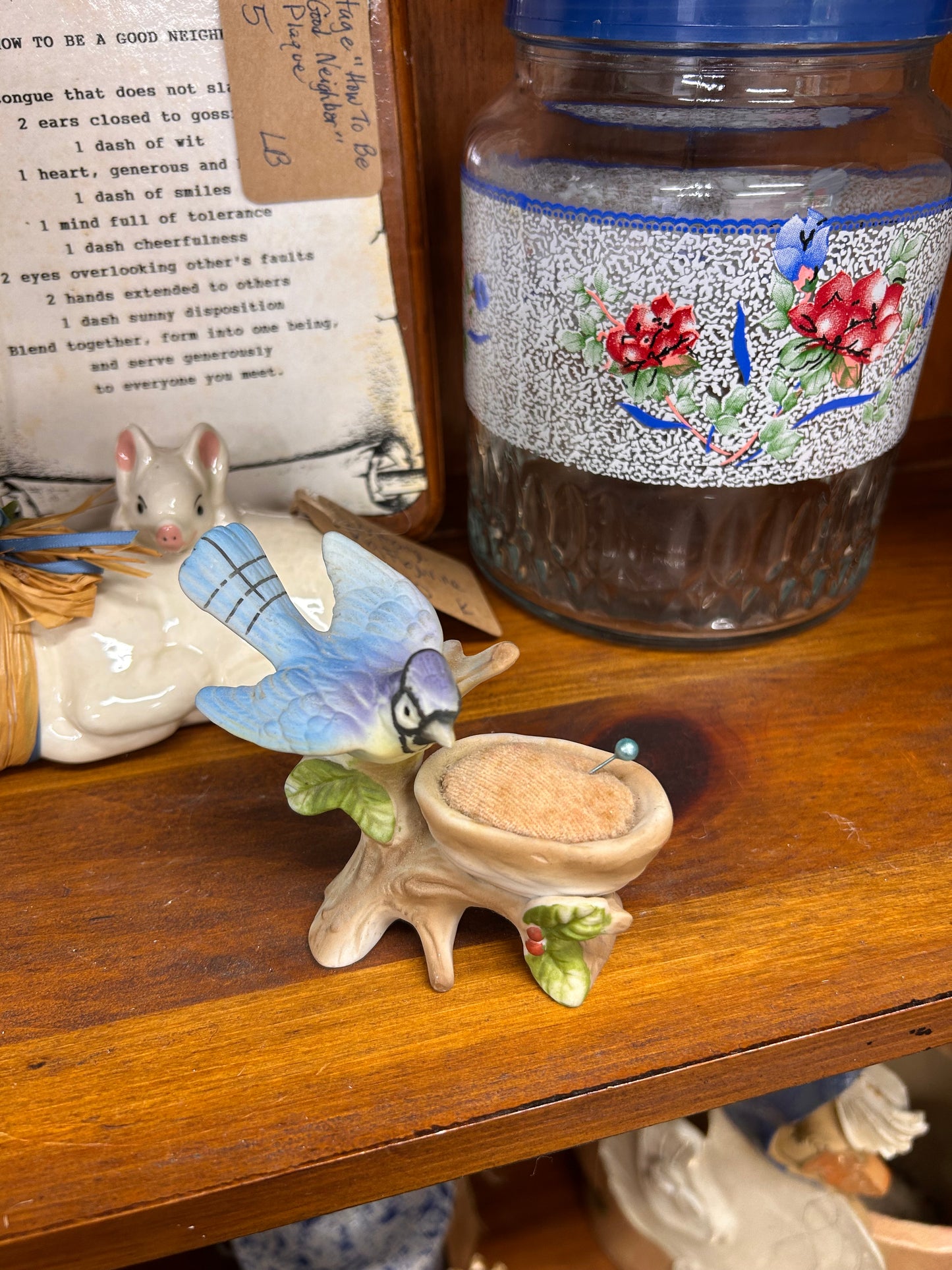 Vintage Porcelain Blue Jay With Pin Cushion Nest