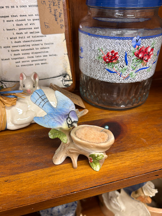 Vintage Porcelain Blue Jay With Pin Cushion Nest