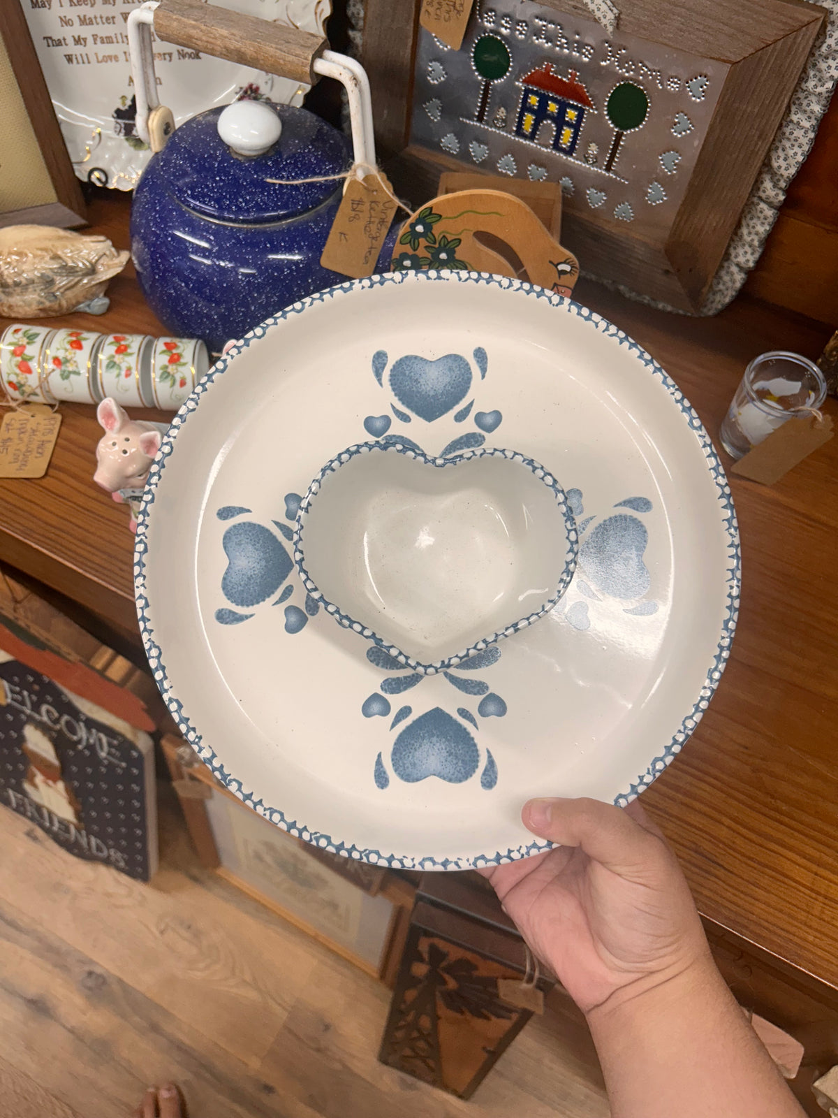 Vintage Spongeware Blue Heart Chip & Dip Set