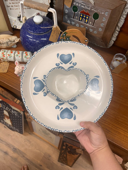Vintage Spongeware Blue Heart Chip & Dip Set
