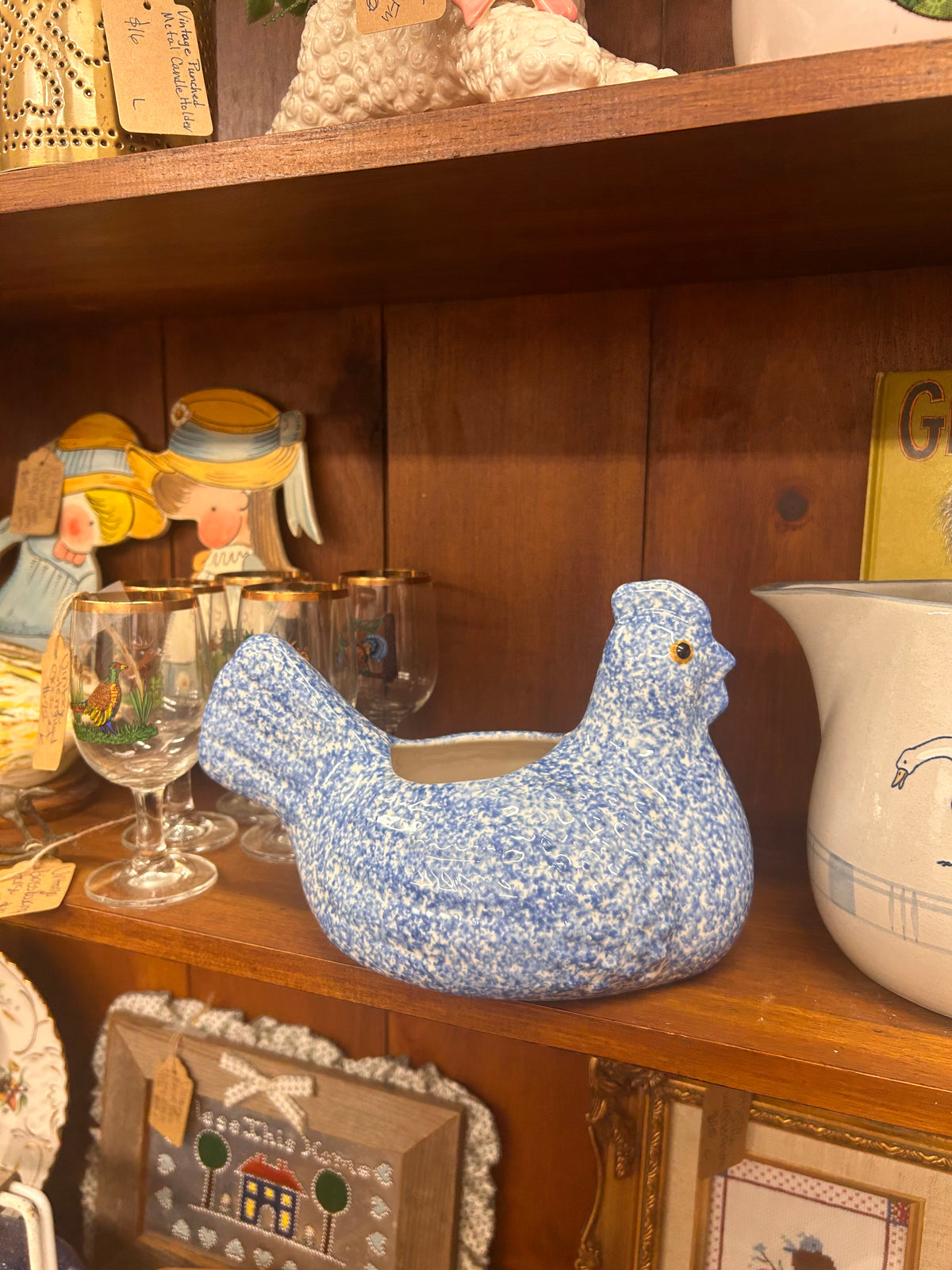 Vintage Blue Spongeware Chicken Planter