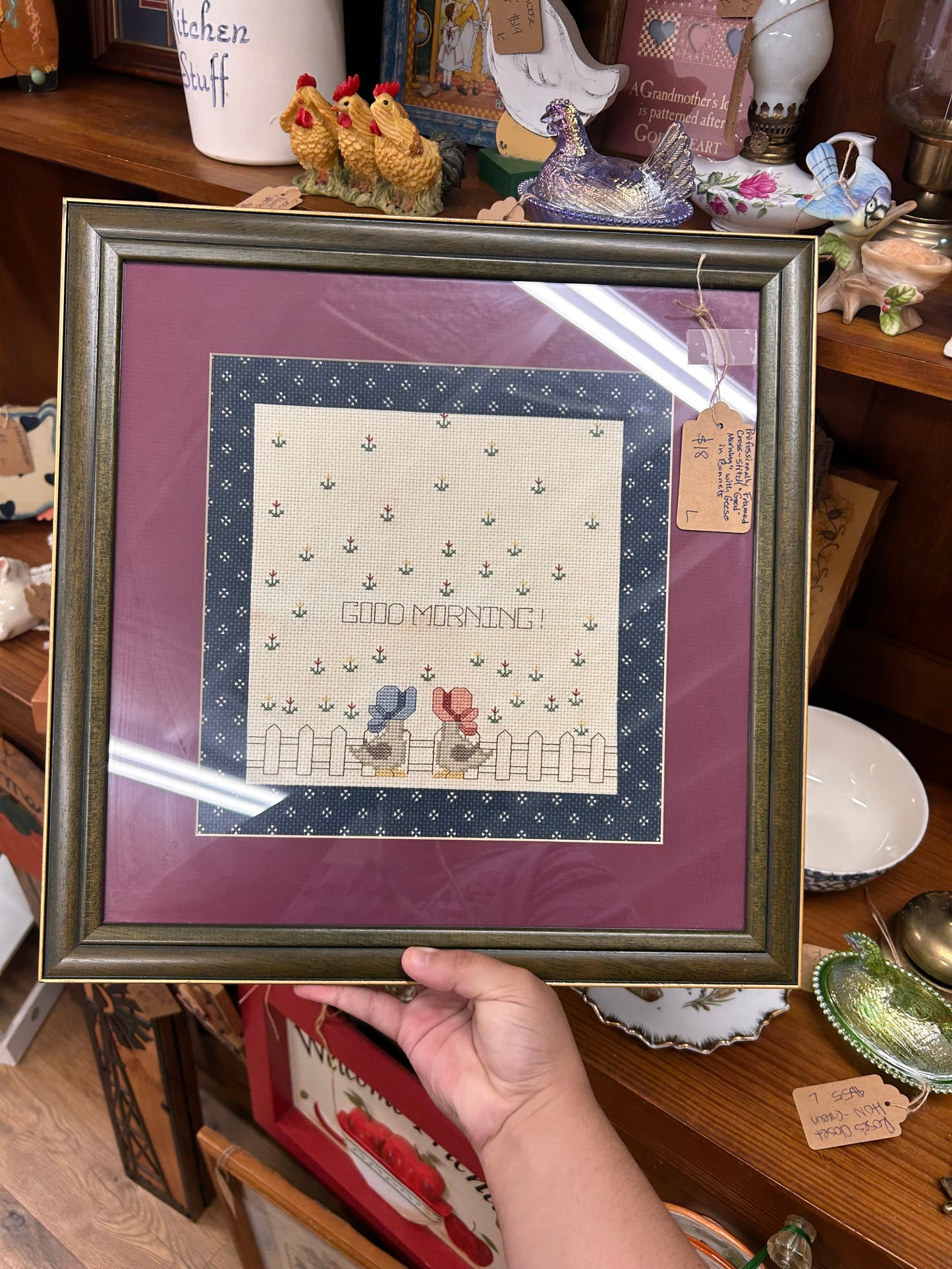 Vintage Professionally Frame Cross-Stitch With Geese In Bonnets