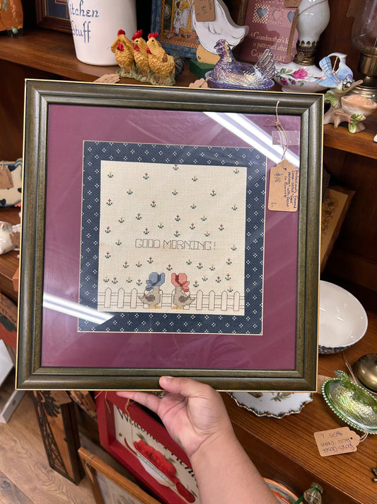 Vintage Professionally Frame Cross-Stitch With Geese In Bonnets