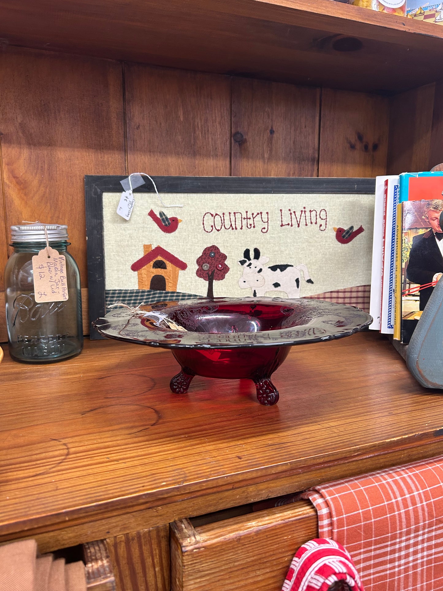 Ruby Red Etched Footed Bowl